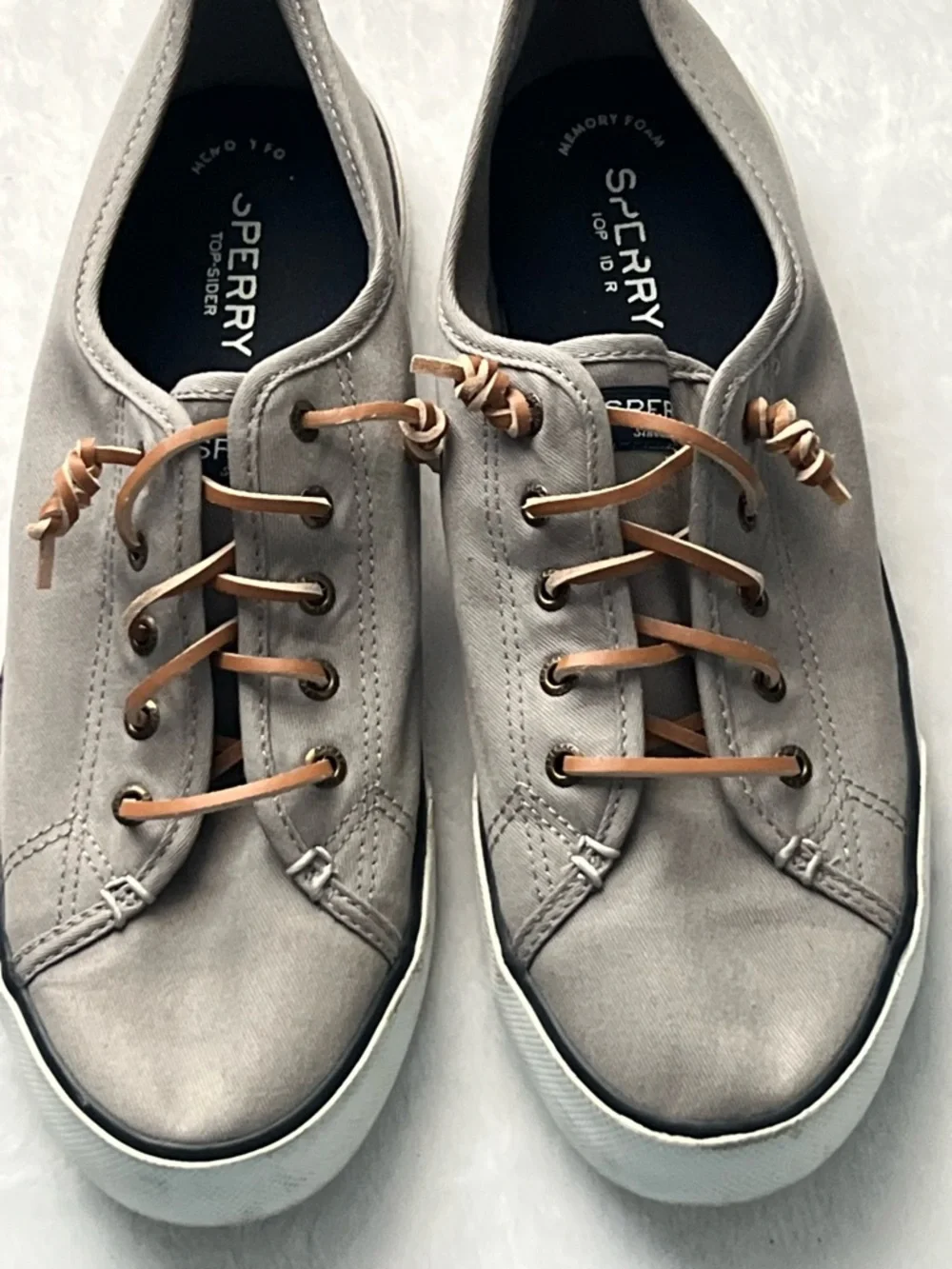 Sperry Men’s Gray Canvas Boat Shoes with Tan Leather Laces, Size 10M